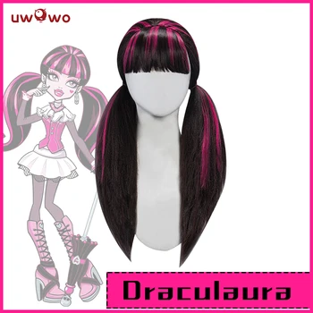 UWOWO canavar yüksek Cosplay peruk Draculaura peruk uzun saç 60 CM uzun siyah pembe peruk ısıya dayanıklı