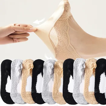 5 Çift Yaz Kadın Çorap Terlik kaymaz Nefes Dantel Dantel Görünmez Çorap Seksi kaymaz Serin İnce Çorap Moda Çorap
