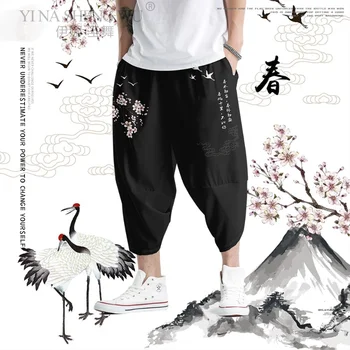 Yeni Japon Tarzı Harajuku Erkek Pantolon Sakura Samurai Kostüm Gevşek Moda Erkek Geleneksel Çiçek Pantolon Hip-Hop rahat pantolon