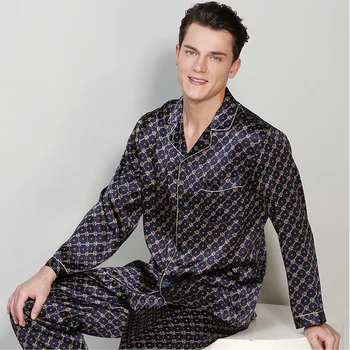 Birdsky, 1 ADET Erkek pijama pijama pijama pj seti erkek kıyafeti uzun kollu pijama %100 % dut ipek saten geometri, S-324