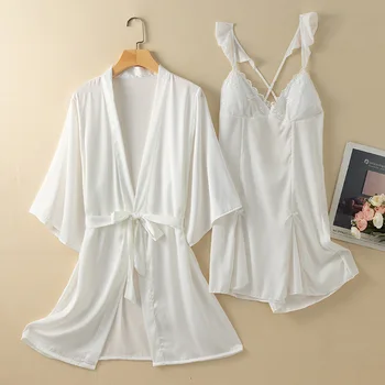 Yeni Kadın Kimono Bornoz Elbisesi Seksi Beyaz Dantel Düğün Elbise Gecelik İki Parçalı Set İnce İpek Saten Pijama Gevşek Ev Elbise