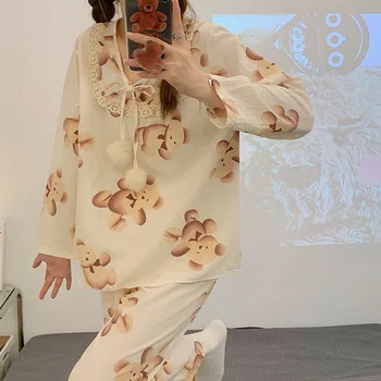 Pamuk Ev Takım Elbise Kore Pijama Baskı Pijama Kadın Sonbahar Pijama Pijama Uzun Kollu 2 Parça Set Kıyafeti