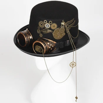 Steampunk Şapka Gözlük Vintage Erkekler Siyah silindir şapka Gotik Cadılar Bayramı Kadınlar Fedora Zincirleri Zarif Şapka Baş Aşınma Kostüm Partisi