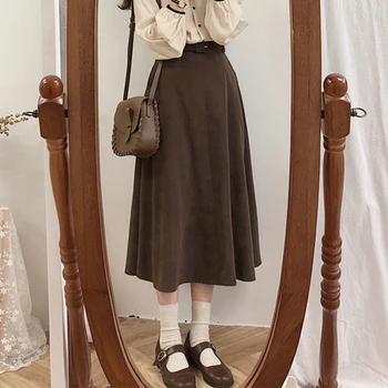 yeni Bir Çizgi katı Kadın Etekler Pilili Mİ uzun Yeni Diz Boyu Etek Kadın Vintage Süet Etekler Jupe Femme Faldas Mujer