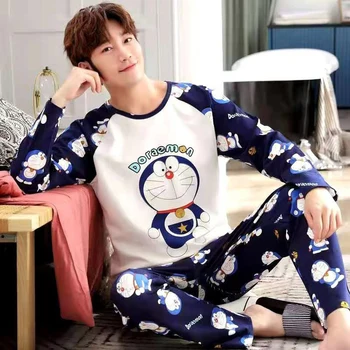 Bahar Sonbahar erkek Pamuk Pijama Mektup Çizgili Pijama Karikatür Pijama Setleri Rahat Uyku & Lounge Pijama Ev Tekstili
