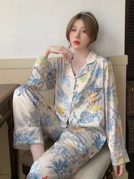 Lisacmvpnel Sonbahar Yeni Stil Kadın Uzun Kollu Pijama Set Bej Çiçek Baskılı Buz Ipek Pijama
