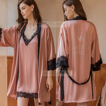 Twinset Kimono Bornoz Elbisesi Takım Elbise Seksi Kadın Rhinestones Düğün Elbise Gecelik Seti Yaz Saten Pijama Dantel Salonu