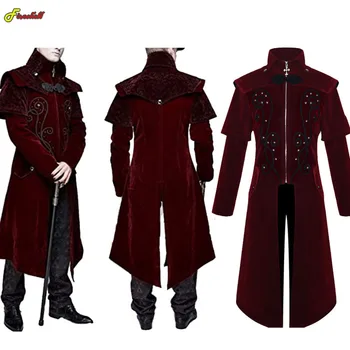 Erkek Gotik Ortaçağ Steampunk Kale Vampir Şeytan Kırmızı Ceket Cosplay Kostüm Victoria Lüks Smokin Takım Siper Ceketler