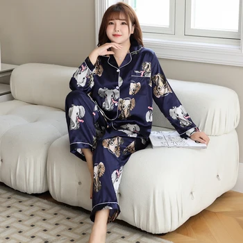 XL-5XL 150KG Artı Boyutu Fil İpek Pijama Seti Bayanlar Uzun Kollu Üst kadın Sonbahar ve Kış Büyük Boy Rahat Gecelik Seti