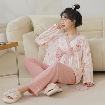 2 Parça Set Kimono Pijama Kadınlar İçin Artı Boyutu 4XL 5XL Ev Hizmeti Yay Tatlı Sevimli Pijama Takım Elbise Kadın Ev Takım Elbise Pjs Mujer