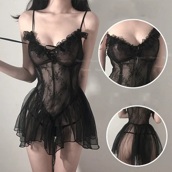 Siyah Dantel Seksi İç Çamaşırı Kısa Gecelik Kadın Bodysuit İç Çamaşırı Şeffaf İnce Elbise Lolita Egzotik Kostüm Seks 18 Takım Elbise
