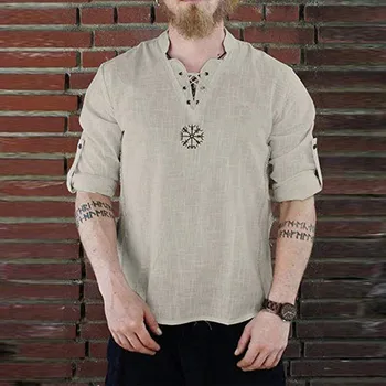 Ortaçağ Viking Korsan Keten Üst Gömlek Kostüm Rönesans Erkek İskandinav retro tişört Sakal Cosplay Tee Dantel-Up Yetişkin Kuşaklı