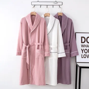 Kadın %100 % Pamuk Krep Kimono Robe Katı Yaka Uzun Kollu Yumuşak Sabahlık Su Alma Bornoz Sleeprobe Salonu Ev Giyim