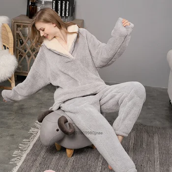 Kış Rahat Gevşek Kalın Pijama Seti Kadınlar İçin İki ADET Sıcak Ev Giysileri Kadın Pazen Gecelik Eğlence Kapşonlu Pijama
