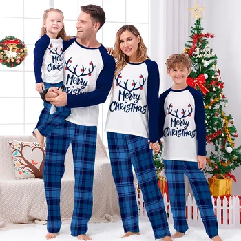 Noel Eşleşen aile pijamaları Merry Christmas Elk Boynuzları Mavi Kareli Pijama Takımı