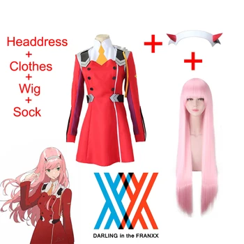 Anime SEVGİLİM FRANXX içinde Code002 Cosplay Kostüm Lise Kız Üniforma Kırmızı Elbise Pembe Peruk İblis Headdress