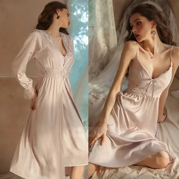 Yeni Kadın Nighty & Robe Set Seksi Patchwork Dantel Uzun Bornoz Gecelik Rahat Pijama Askı Gecelik İpek Rayon Ev Tekstili