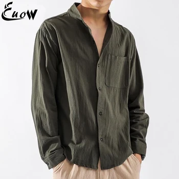EUOW 2022 Moda Bahar erkek Keten Rahat Gevşek Gömlek Uzun Kollu Gömlek Erkek Giyim Nefes Yüksek Kaliteli Üstleri Streetwear
