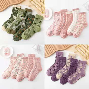 5 Çift / takım kadın Çorap Mor Vintage Çiçekli Moda Avrupa Amerikan Sokak Çorap Orta Tüp sonbahar Çorap Retro Mahkemesi Çorap 3D