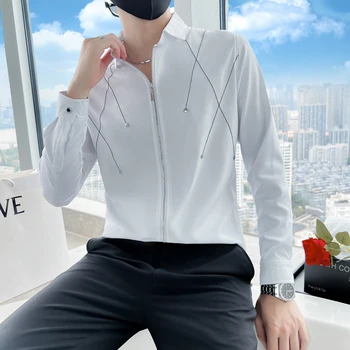 Sonbahar Fermuar Erkek Gömlek Ceket Kore Tasarımcı Slim Fit Uzun Kollu Erkek Çizgili Gömlek Üstleri Streetwear Moda Punk Hırka