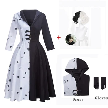 Anime Cruella De Vil Cosplay Kostüm Film Yetişkin Kadın Elbisesi Siyah Beyaz Hizmetçi Elbise Eldiven Hoodie Etek Cadılar Bayramı Partisi