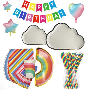 Şeker Renk Gökkuşağı Tek Kullanımlık Sofra Seti kağıt Tabaklar Bardaklar Düğün Doğum Günü Partisi Afiş balonlar Dekorasyon Malzemeleri