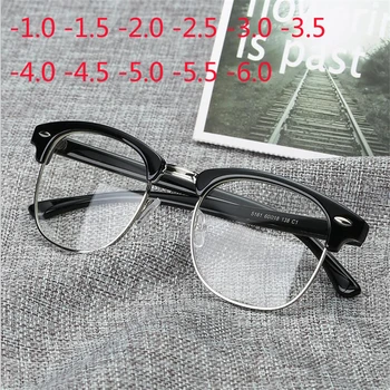 Siyah Çerçeve Yarı Çerçevesiz Öğrenci Miyopi Gözlük Derece Metal Kare Miyop Gözlük Reçete-0.5 - 1.0 To-6.0