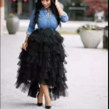 Moda Siyah Katmanlı Ruffles Yüksek Düşük Tül Etekler Pretty Women Için 2017 Faldas Mujer Saias Elastik Custom Made Uzun Tül Etek
