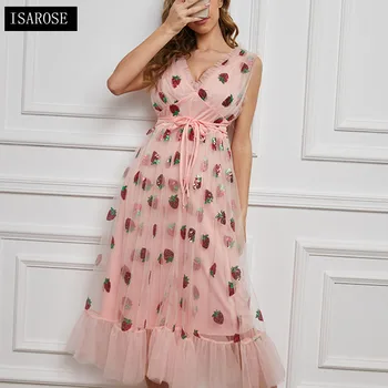ISAROSE Kolsuz Çilek Elbise Sequins Nakış Çilek Vual Tek parça Moda V Boyun Kuşaklı 2021 Pembe Örgü Elbiseler