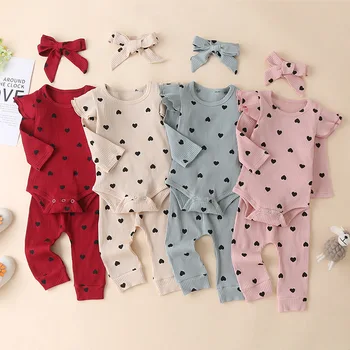 3 Adet Bebek Kız Kıyafet Seti Yenidoğan Toddler Kız Elbise Fırfır Kalp Baskı Uzun Kollu Romper Bodysuit + Pantolon + Kafa Bandı Bebek