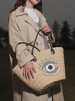 Moda Büyük Gözler Hasır Çanta Kadın Tasarımcı Marka Rattan kadın askılı omuz çantası Yaz Eğlence Plaj Büyük Tote Çanta Kadın 2022