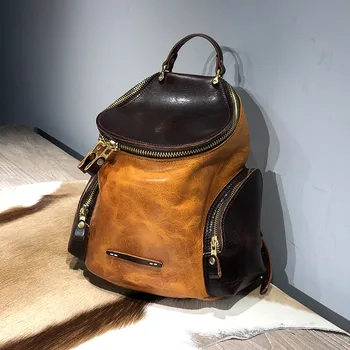 Retro moda doğal hakiki deri bayan büyük kapasiteli kontrast renk sırt çantası açık günlük hafta sonu sıcak satış sırt çantası
