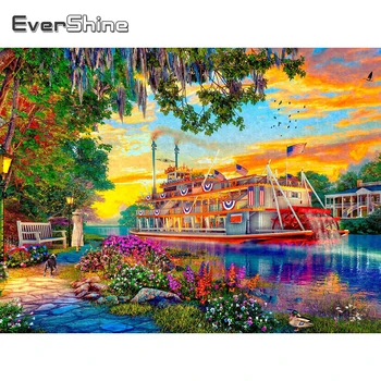 EverShine Elmas Boyama Sahil Günbatımı Tam Matkap Mozaik Doğal Manzara Elmas Nakış Gemi Göl Taklidi Kiti Duvar Sanatı