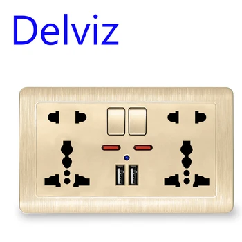 Delviz Uluslararası evrensel 5 Delik Soket, USB şarj aleti Bağlantı Noktası, AC110V-250V, AB Standart Duvar Güç Socke Çift USB Anahtarlı Çıkış