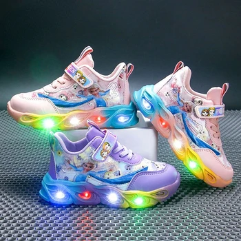 Disney Dondurulmuş Çocuk rahat ayakkabılar Sneaker led ışık Örgü Nefes Prenses Elsa Pembe Mavi ayakkabı Kız Boyutu 25-33