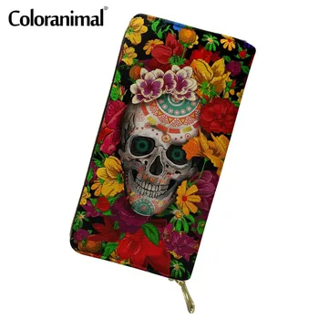 Coloranimal Vintage Şeker Kafatası Çiçek Baskılar Debriyaj Çanta Kadınlar için Su Geçirmez pu deri cüzdan Femme Kredi kart tutucu