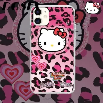 Japon Sevimli Pembe Leopar Sanrio Hello Kitty iPhone 12 11 Pro Max X Xr Xs Mini 6S 7 8 Artı Durumda Şeffaf Silikon Moda Kız