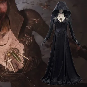 Kızı Lady Dimitrescu Cosplay Kostüm Gotik Siyah uzun elbise Hood ıle Vampir Bella Cassandra Cadılar Bayramı Ortaçağ kostüm