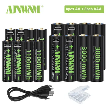 AJNWNM 1.5 V USB Li-İon AAA Şarj Edilebilir Piller 1100mWh + USB 1.5 V AA şarj edilebilir pil 3000mWh ile USB kablosu