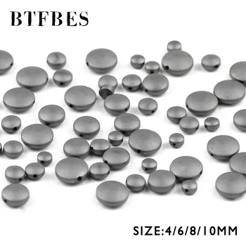 BTFBES Mat Siyah Hematit Dışbükey PARALARI halka boncuk 4/6/8 / 10mm AAA Doğal Taş Düz Yuvarlak dağınık boncuklar Takı Yapımı için DIY