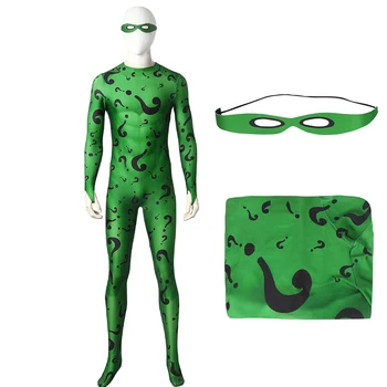Yarasa Sonsuza Kadar Riddler Nygma Cosplay Kostüm Fantezi Joker Baskı Yeşil Tulum Yetişkin Cadılar Bayramı Karnaval Parçası Rol Oynamak Takım Elbise