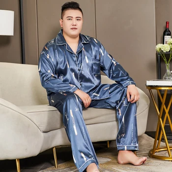 3xl-5xl Artı Boyutu 150kg Grafik İpek Pijama Erkekler için Sonbahar Bahar Yeni Uzun Kollu Şarkıcı Meme Üst ve Pantolon Pijama Pjs
