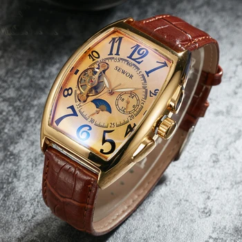 SEWOR Moda Lüks Altın İzle Erkekler Mon Fazlı Tourbillon Saatler Küçük Saniye Otomatik Mekanik Kol Saatleri Reloj Hombre