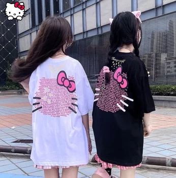 2022 Yeni Tasarım Kız Üstleri Sanrio Hello Kitty Baskılı kadın kıyafetleri Kısa Kollu T-shirt Giyim Kawaii Y2k Gevşek Tees