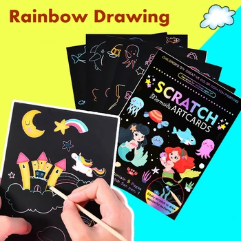 9 Adet Sihirli Gökkuşağı Renk Scratch Sanat Boyama Kağıt Kartı Kiti Karikatür Dinozor Unicorn Çizim Kurulu Çocuklar DIY Eğitici Oyuncaklar