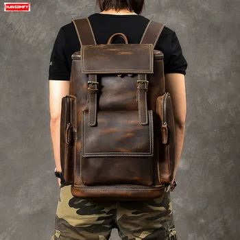 Retro Hakiki Deri erkek Sırt Çantası Büyük Kapasiteli laptop çantası okul sırt çantası Erkek omuz çantaları Kahverengi Deri seyahat sırt çantaları