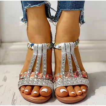 Kadın Sandalet Yaz Bohemia Platformu Takozlar Ayakkabı Kristal Gladyatör Roma Kadın plaj ayakkabısı Rahat Elastik Bant Kadın