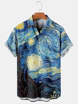 Mens Retro Van Gogh yıldızlı gece yaka gevşek kısa kollu Funky Hawaii gömlek