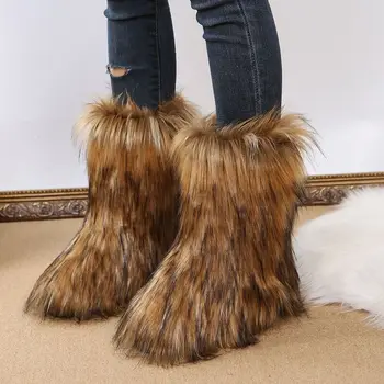 Açık Lüks Faux Fox Kürk Çizmeler Kadın Büyük Boy 43 Moda Kış Ayakkabı Bayanlar Sıcak Peluş Kar Botları Marka Kürklü Kürk Şişeler