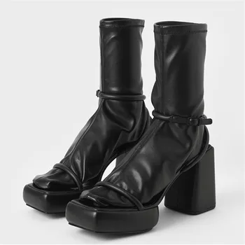 Seksi Kadın yarım çizmeler Kalın Taban Platformu Yüksek Topuk Ayakkabı Kadın Yaz Sandalet Çorap Sonbahar Botas Mujer Kadın Pompaları